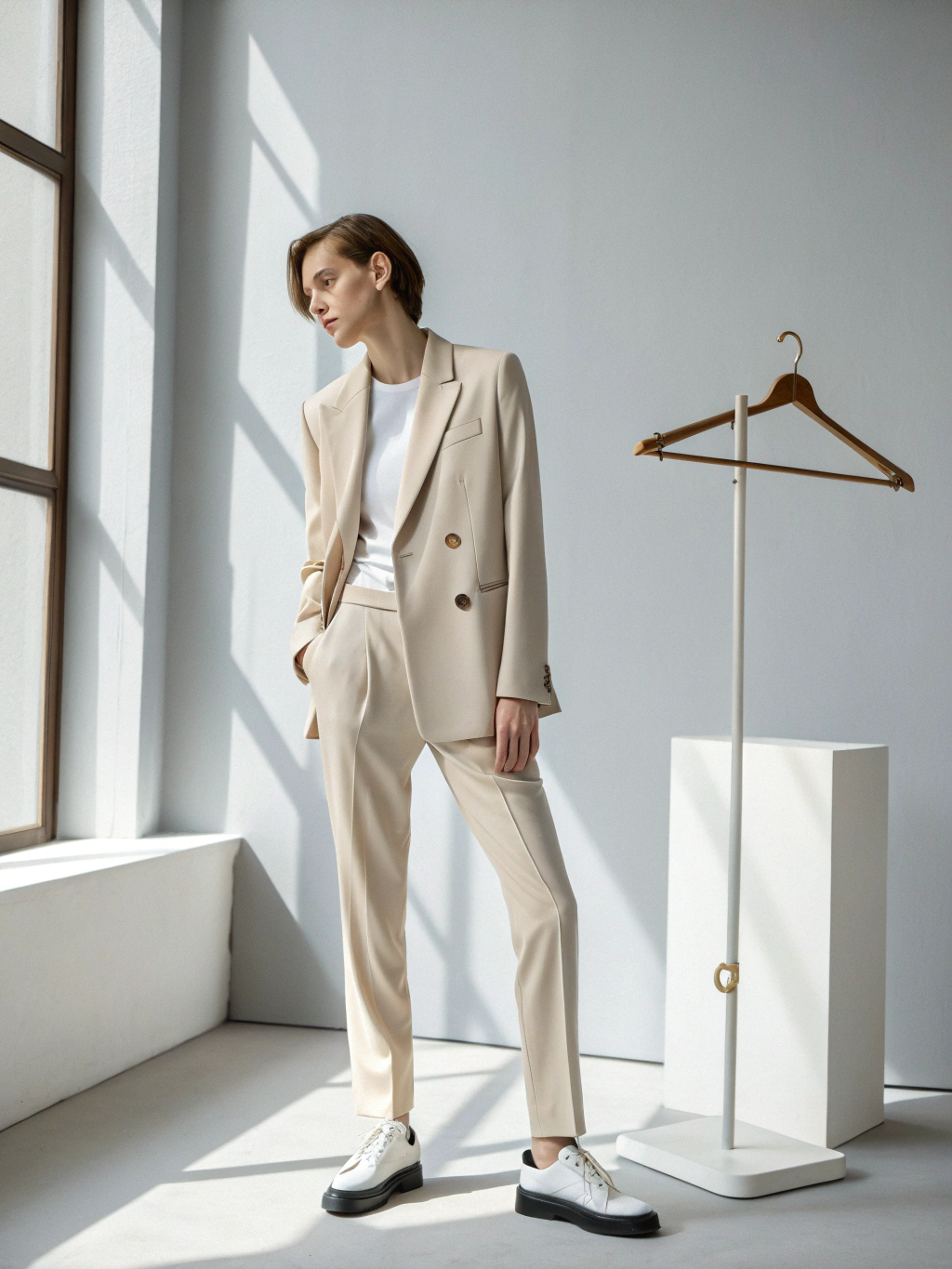 Structured cream linen blazer paired with matching trousers
