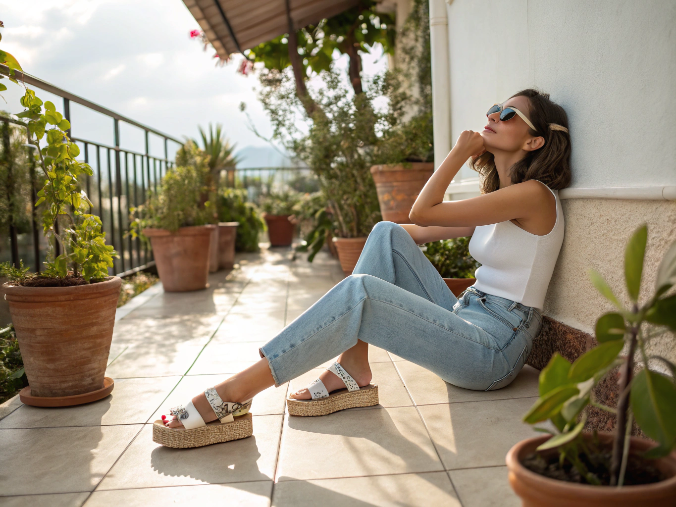 Model wearing high-waisted denim jeans and white tee