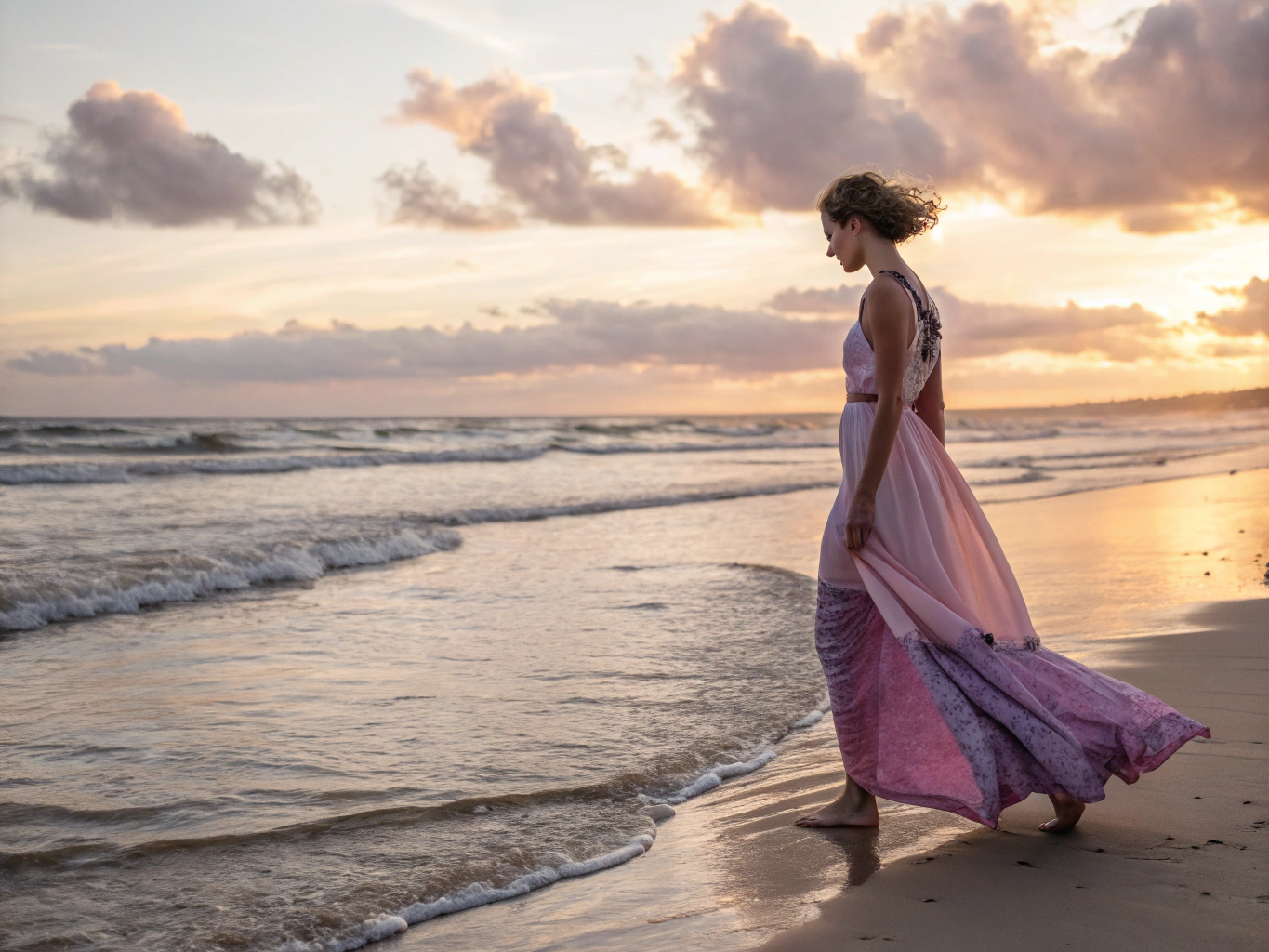 Model in silk evening dress walking during golden hour